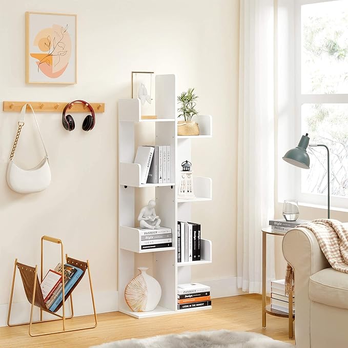 VASAGLE Bookcase, Tree-Shaped Bookshelf with 8 Storage Shelves, Rounded Corners, White 9.8D x 19.7W x 55.1H in, Engineered Wood - LeafyLoom