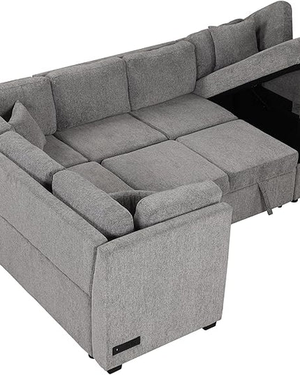 U Shaped Reversible Pull Out Sleeper Sectional Sofa Convertible Corner Couch Bed with Storage Chaise Lounge , 6 Seater Chenille Upholstered Sofa&Couch wth USB Ports, 2 Power Sockets for Living Room - LeafyLoom