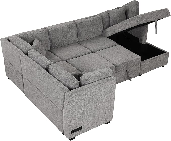U Shaped Reversible Pull Out Sleeper Sectional Sofa Convertible Corner Couch Bed with Storage Chaise Lounge , 6 Seater Chenille Upholstered Sofa&Couch wth USB Ports, 2 Power Sockets for Living Room - LeafyLoom