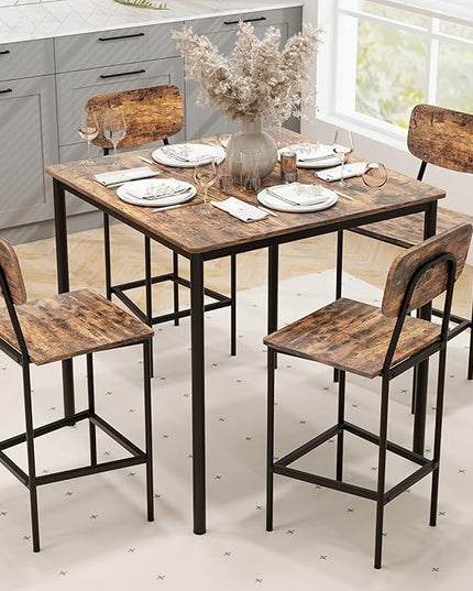 GOFLAME 5-Piece Dining Table Set for Small Space, Kitchen Table and Chairs Set for 4 with Steel Frame, Square Breakfast Table Set, Industrial Counter Height Table Set for Home Restaurant, Rustic Brown - LeafyLoom