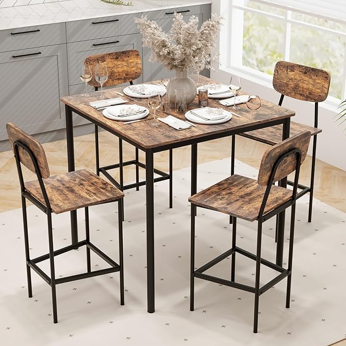GOFLAME 5-Piece Dining Table Set for Small Space, Kitchen Table and Chairs Set for 4 with Steel Frame, Square Breakfast Table Set, Industrial Counter Height Table Set for Home Restaurant, Rustic Brown - LeafyLoom