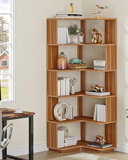 6-Shelf Corner Bookshelf, 65” Tall L Shaped Bookcase, 6-Tier Industrial Corner Shelf Storage Display Rack for Living Room Home Office, Wood Grain Walnut - LeafyLoom