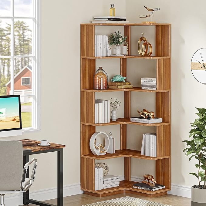 6-Shelf Corner Bookshelf, 65” Tall L Shaped Bookcase, 6-Tier Industrial Corner Shelf Storage Display Rack for Living Room Home Office, Wood Grain Walnut - LeafyLoom