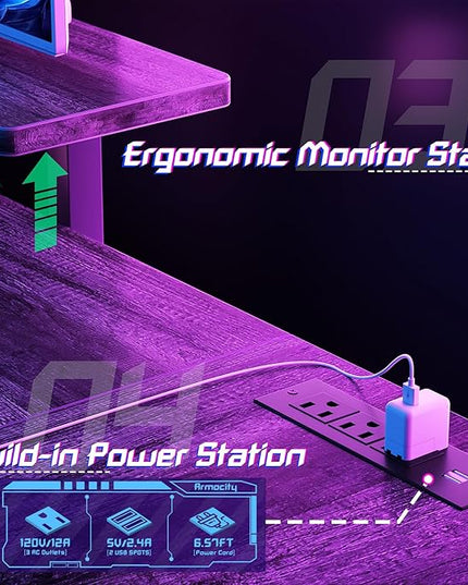 armocity L Shaped Gaming Desk with LED Lights and Outlets, PC Gaming Desk with Monitor Stand and Shelves, Reversible Gaming Computer Desk with Keyboard Tray & Z-Shape Legs, Grey Oak, 47" - LeafyLoom