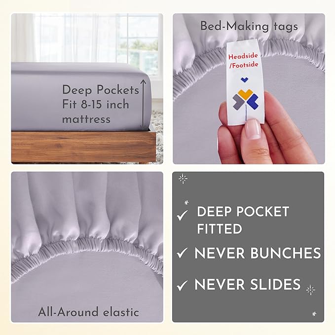 California Design Den Softest 100% Cotton Sheets, Twin XL Sheets Set, 3 Pieces, 400 Thread Count Sateen, Dorm Rooms & Adults, Deep Pocket Sheets, Cooling Sheets (Lavender Gray) - LeafyLoom