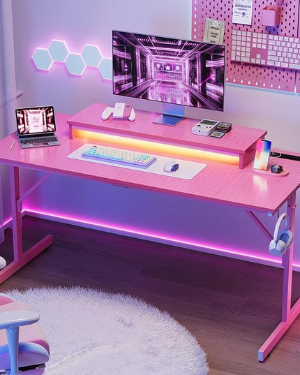 Bestier Gaming Desk with Power Outlets and USB Charging Ports, 52 Inch LED Small Computer Desk with Monitor Stand, Home Office Desk with Cup Holder & Headset Hooks, Desk for Office, Carbon Fiber Pink - LeafyLoom