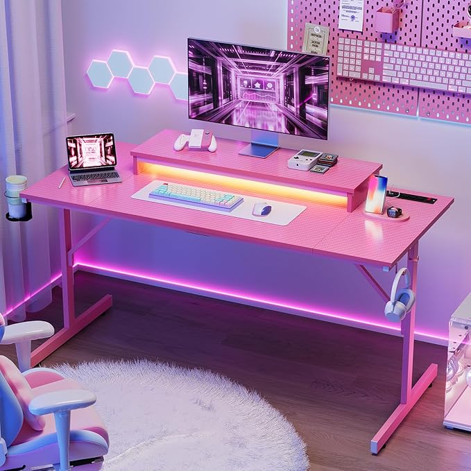 Bestier Gaming Desk with Power Outlets and USB Charging Ports, 52 Inch LED Small Computer Desk with Monitor Stand, Home Office Desk with Cup Holder & Headset Hooks, Desk for Office, Carbon Fiber Pink - LeafyLoom