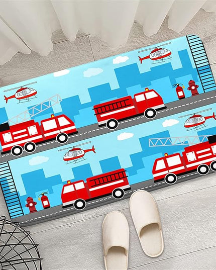 Car Rug Play Mat Car Rug Play Mat Car Rug for Boys Room Fire Fighting Truck Red Car Printed Rug Play Rug for Cars and Trucks Play Rugs for Kids Rooms,Light Blue 2'×3' - LeafyLoom