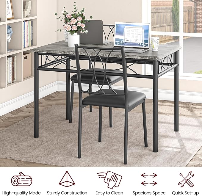 Dining Table Set, 5 Piece Dining Table set for 4, Rectangle Kitchen Table Set with 4 Upholstered Chairs, Dining Table Set for Small Space, Apartment, Retro Gray - LeafyLoom