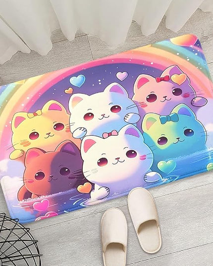 Rainbow Cat Rug for Girls - Colorful Cat Rug for Kids Bedroom Cute Cartoon Cat Pattern Rug Lovely Cat Rugs Room Decor Anime Cat Area Rug, 2x3 Feet - LeafyLoom
