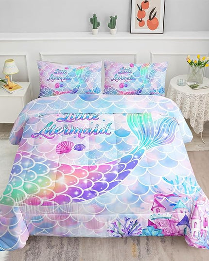 Datura home Bedding Comforter Set Rainbow Purple Mermaid Tail Printed Comforter Set with 1 Comforter and 2 Pillowcases for Girls Bedroom All Season(Rainbow Purple Full) - LeafyLoom