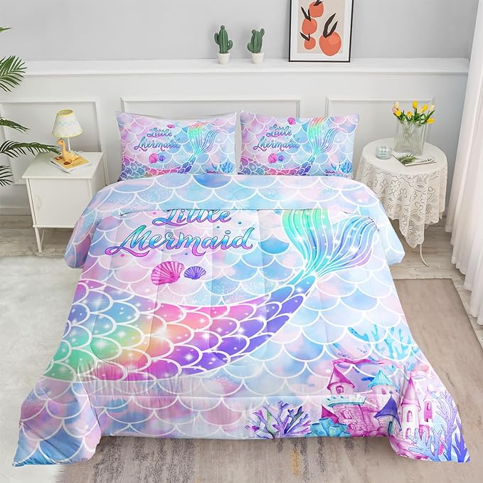 Datura home Bedding Comforter Set Rainbow Purple Mermaid Tail Printed Comforter Set with 1 Comforter and 2 Pillowcases for Girls Bedroom All Season(Rainbow Purple Queen) - LeafyLoom