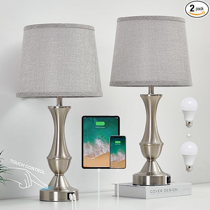 Luvkczc Table Lamps for Bedrooms Set of 2, Touch Nightstand Lamps, Bedside Lamps with USB C+A Charging Ports,3 Way Dimmable Nightstand Lamps for Living Room, Dorm, Home Office - LeafyLoom