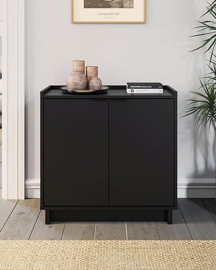 Prepac Simply Modern 2 Console Table Doors and Shelves, Buffet Cabinet with Storage, 30.75" W x 30" H x 16" D, Black - LeafyLoom