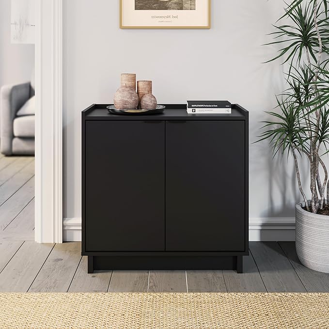 Prepac Simply Modern 2 Console Table Doors and Shelves, Buffet Cabinet with Storage, 30.75" W x 30" H x 16" D, Black - LeafyLoom