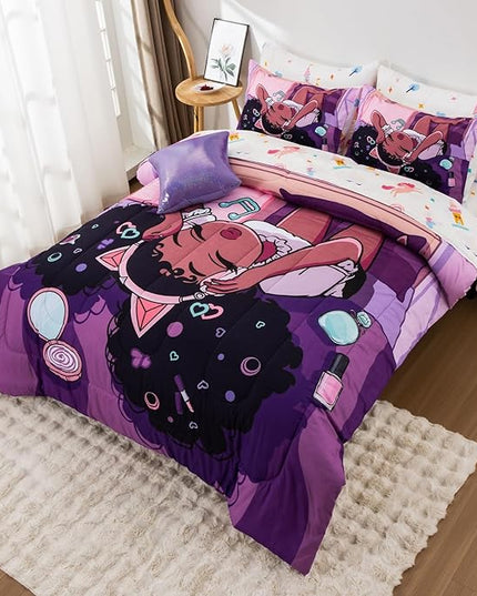 A Nice Night Purple Comforter Sets,Black Girl Listening Music Printed, 6Pcs Bed in A Bag Full Size All Seasons Bedding Set,for Kids, Girls - LeafyLoom