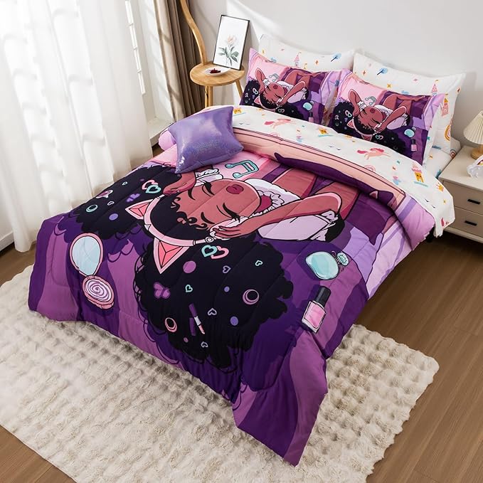A Nice Night Purple Comforter Sets,Black Girl Listening Music Printed, 6Pcs Bed in A Bag Full Size All Seasons Bedding Set,for Kids, Girls - LeafyLoom