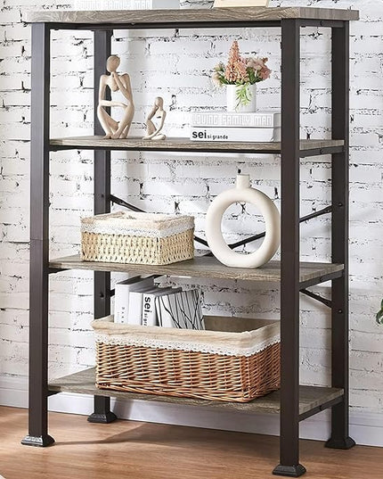 HOMBAZAAR Bookshelf, 4-Tier Vintage Industrial Book Shelf, Rustic Wood and Metal Bookcase and Bookshelves, Free Standing Storage Large Bookshelf for Living Room, Bedroom and Kitchen, Grey Oak - LeafyLoom