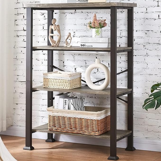 HOMBAZAAR Bookshelf, 4-Tier Vintage Industrial Book Shelf, Rustic Wood and Metal Bookcase and Bookshelves, Free Standing Storage Large Bookshelf for Living Room, Bedroom and Kitchen, Grey Oak - LeafyLoom