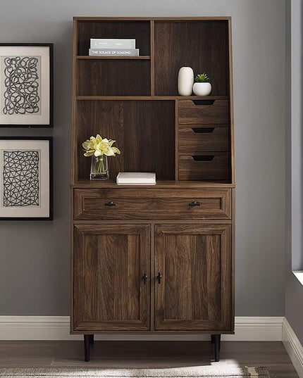 Walker Edison Secretary Hutch Wood Desk with Keyboard Drawer Bookshelf Storage Home Office Storage Cabinet, 64 Inch, Dark Walnut - LeafyLoom