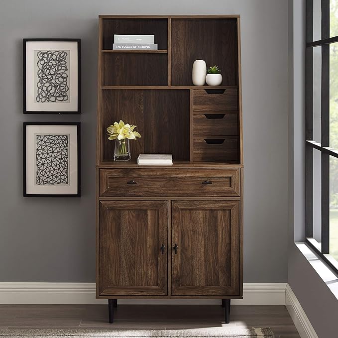 Walker Edison Secretary Hutch Wood Desk with Keyboard Drawer Bookshelf Storage Home Office Storage Cabinet, 64 Inch, Dark Walnut - LeafyLoom