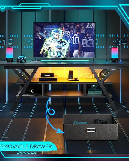 Bestier 70 Inch Gaming Tv Stands for Living Room with Power Outlet for Television up to 75", Black Entertainment Center with Led Lights for Living Room Bedroom. Carbon Fiber Black - LeafyLoom