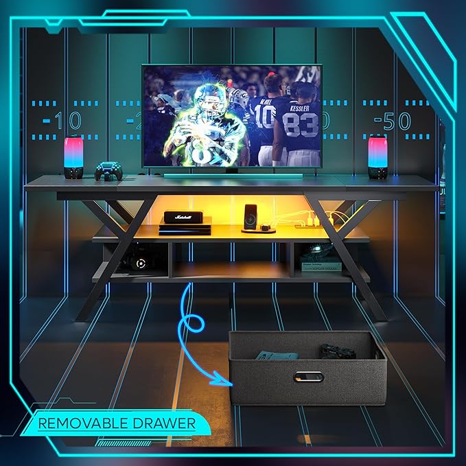 Bestier 70 Inch Gaming Tv Stands for Living Room with Power Outlet for Television up to 75", Black Entertainment Center with Led Lights for Living Room Bedroom. Carbon Fiber Black - LeafyLoom