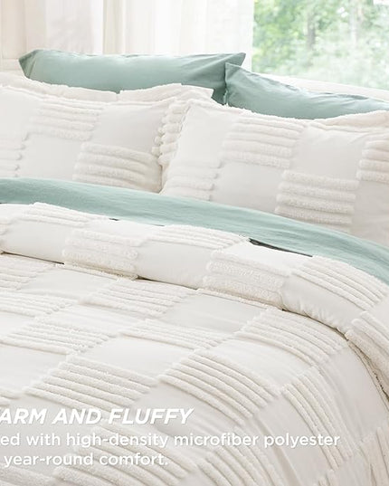 Bedsure King Size Comforter Set Cream White, Boho Tufted Bedding Comforter Set, Grande Checkered Farmhouse Shabby Chic Bed Set, 3 Pieces, 1 Plaid Geometric Comforter and 2 Pillow Shams - LeafyLoom