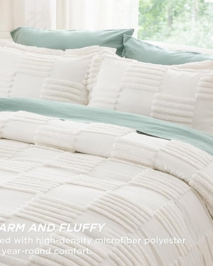 Bedsure Queen Comforter Set Cream White, Boho Tufted Bedding Comforter Set, Grande Checkered Farmhouse Shabby Chic Bed Set, 3 Pieces, 1 Plaid Geometric Comforter and 2 Pillow Shams - LeafyLoom