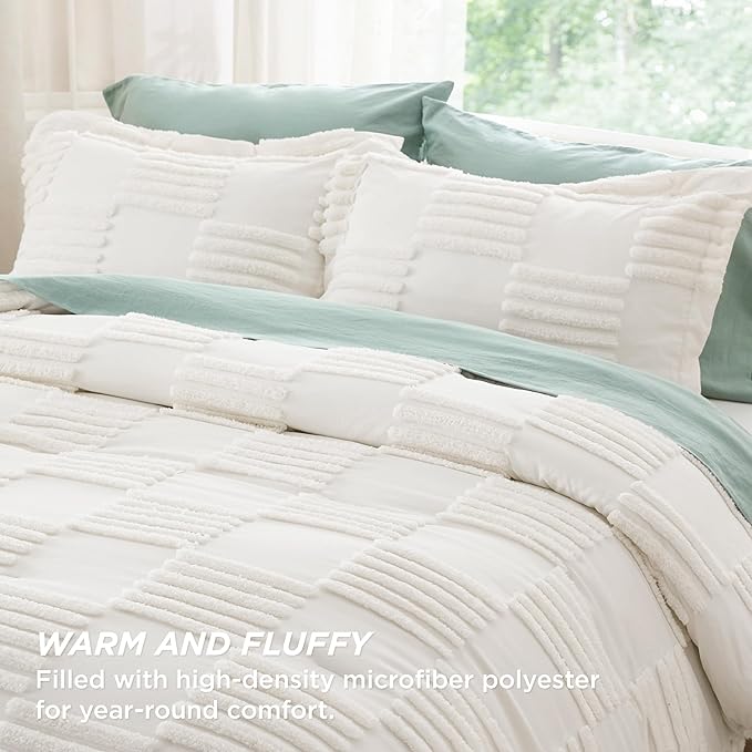 Bedsure Queen Comforter Set Cream White, Boho Tufted Bedding Comforter Set, Grande Checkered Farmhouse Shabby Chic Bed Set, 3 Pieces, 1 Plaid Geometric Comforter and 2 Pillow Shams - LeafyLoom