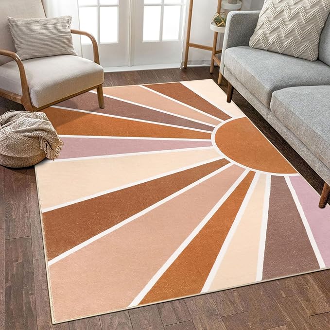 Topotdor Sun Rainbow Area Rug 4 x 6ft Boho Kids Nursery Rug, Colorful Washable Area Rug Ultra Soft Circle Classroom Rug Non-Slip for Bedroom Living Room Playroom Decor, Orange - LeafyLoom