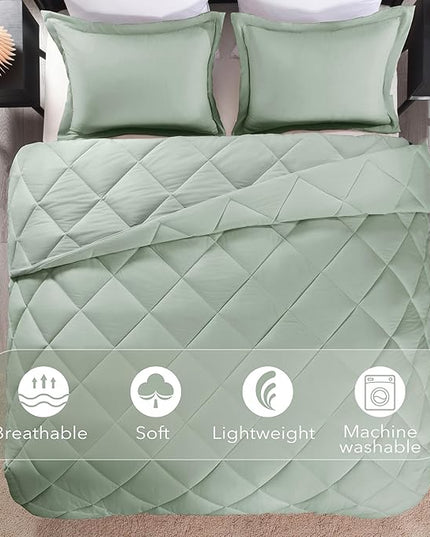 downluxe King Size Comforter Set - Sage Green King Comforter Set, 3 Pieces Soft Solid Comforter King Size Set for All Seasons, 1 Lightweight Fluffy Comforter (104"x92") and 2 Pillow Shams - LeafyLoom