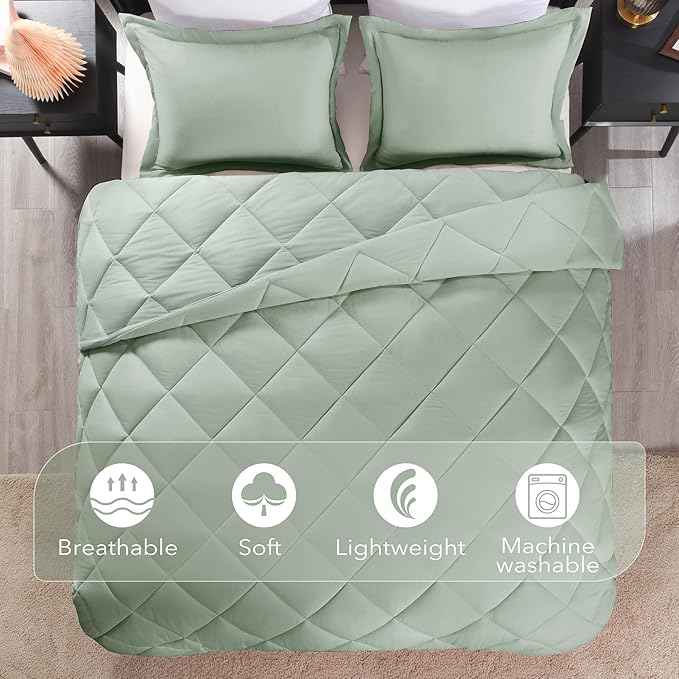 downluxe King Size Comforter Set - Sage Green King Comforter Set, 3 Pieces Soft Solid Comforter King Size Set for All Seasons, 1 Lightweight Fluffy Comforter (104"x92") and 2 Pillow Shams - LeafyLoom