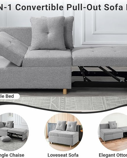 4-in-1 Convertible Sleeper Sofa, Single Pull Out Couch Chair with 6-Level Adjust Backrest Loveseat with Storage and Pillows, Modern Recliner for Living Room Apartment Office, Light Grey - LeafyLoom