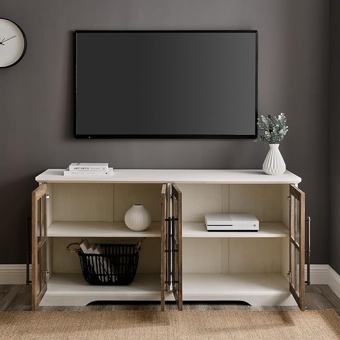Walker Edison Modern Glass and Wood Universal TV Stand with 4 Door Storage For TV's up to 64" Flat Screen Living Room Storage Entertainment Center, 58 Inch, Rustic Oak - LeafyLoom