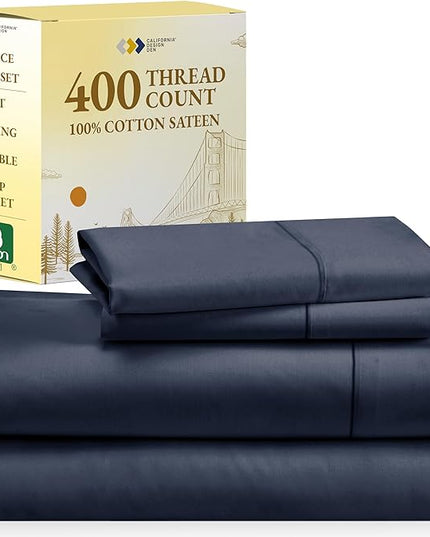 California Design Den Soft 100% Cotton Sheets, Full Size Sheet Sets, 4 Pc, 400 Thread Count Sateen Bedding, Deep Pocket Sheets, Cooling Sheets, Full Size Sheets, Breathable Bed Set (Indigo Navy Blue) - LeafyLoom