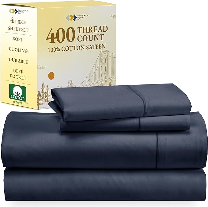 California Design Den Soft 100% Cotton Sheets, Full Size Sheet Sets, 4 Pc, 400 Thread Count Sateen Bedding, Deep Pocket Sheets, Cooling Sheets, Full Size Sheets, Breathable Bed Set (Indigo Navy Blue) - LeafyLoom