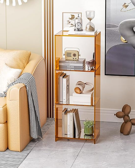 Acrylic Bookcase, 3 Tier Clear Floor Standing Bookshelf, 31.5 inch Tall Display Cube Storage Shelf Home Decor Furniture for Home, Office, Living Room, Bedroom - Transparent Orange - LeafyLoom