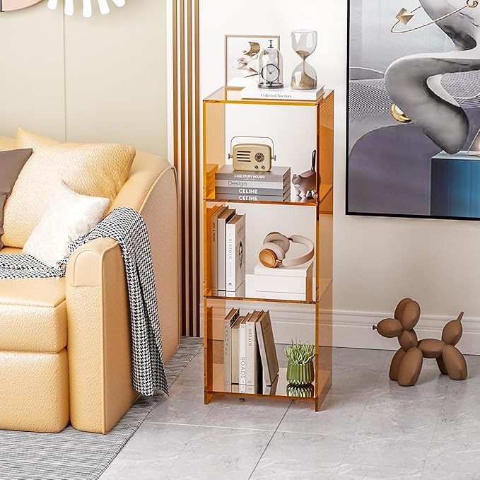 Acrylic Bookcase, 3 Tier Clear Floor Standing Bookshelf, 31.5 inch Tall Display Cube Storage Shelf Home Decor Furniture for Home, Office, Living Room, Bedroom - Transparent Orange - LeafyLoom