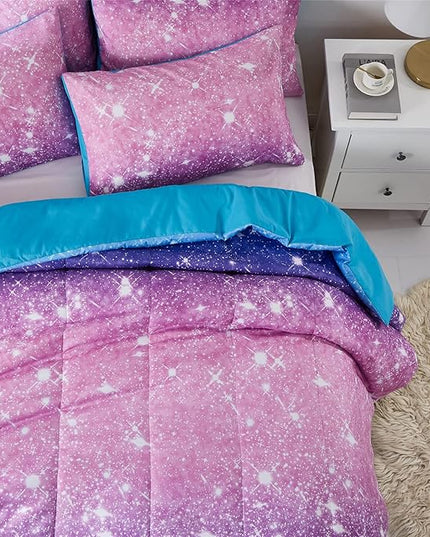 Purple Glitter Comforter Set Twin Size for Girls, Sparkle Galaxy Twinkle Starlight Comforter for Twin(2-Piece) - LeafyLoom