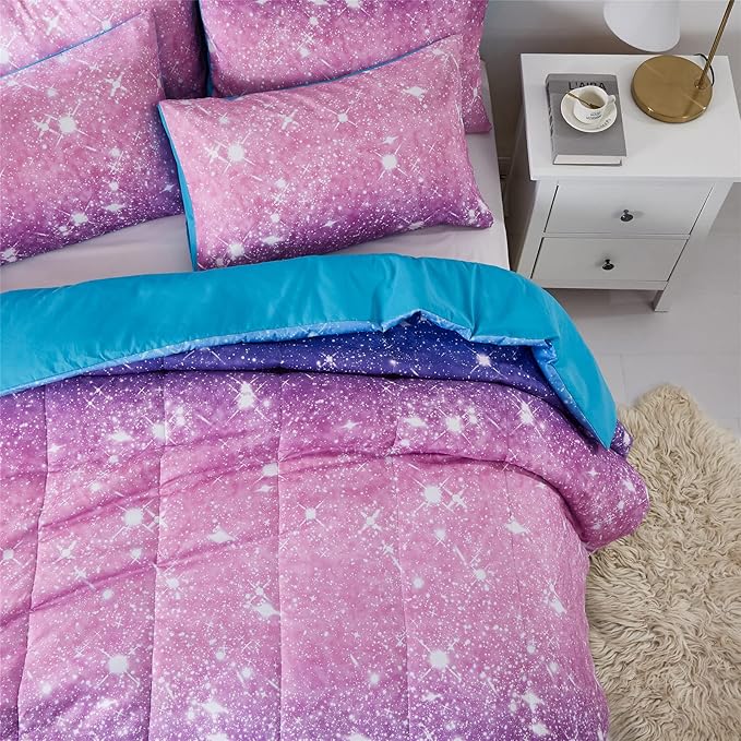 Purple Glitter Comforter Set Twin Size for Girls, Sparkle Galaxy Twinkle Starlight Comforter for Twin(2-Piece) - LeafyLoom