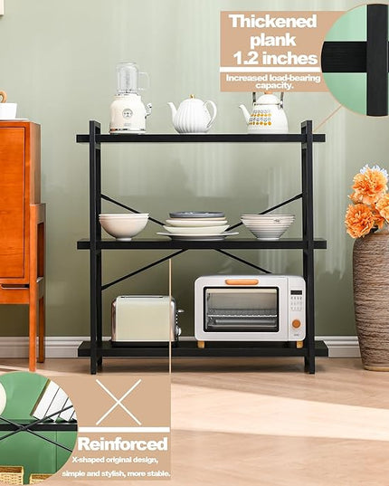 HCHQHS Bookshelf, 3-Tier Industrial Bookcase, Black Open Book Shelf, Freestanding Horizontal Bookshelves with Metal Frame - LeafyLoom