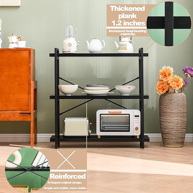 HCHQHS Bookshelf, 3-Tier Industrial Bookcase, Black Open Book Shelf, Freestanding Horizontal Bookshelves with Metal Frame - LeafyLoom