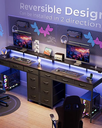 Gaming Desk with 6 Drawers, Computer Desk with LED Lights Power Outlets and Type-C, 39 Inch Office Desk with Storage, Monitor Stand, Writing Desk Work Desk Home Office, Bedroom, Study, Black - LeafyLoom
