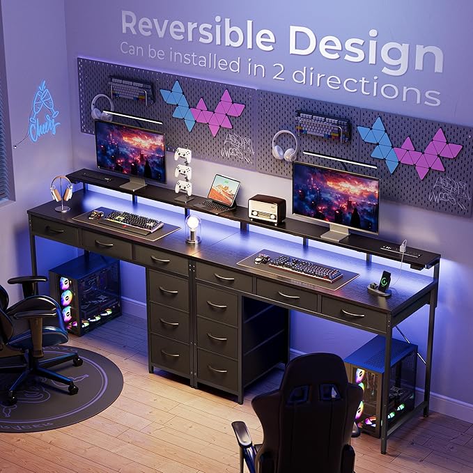 Gaming Desk with 6 Drawers, Computer Desk with LED Lights Power Outlets and Type-C, 39 Inch Office Desk with Storage, Monitor Stand, Writing Desk Work Desk Home Office, Bedroom, Study, Black - LeafyLoom