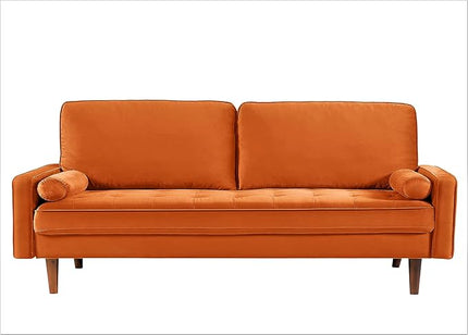 US Pride Furniture Velvet 70" Sofa Couch, Iconic Mid-Century Style Living Room Furniture with Contemporary Silhouette, Button Tufting and Wood Legs, includes 2 Bolster Pillows, Orange - LeafyLoom