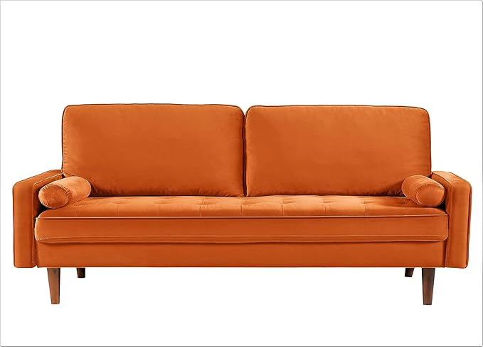 US Pride Furniture Velvet 70" Sofa Couch, Iconic Mid-Century Style Living Room Furniture with Contemporary Silhouette, Button Tufting and Wood Legs, includes 2 Bolster Pillows, Orange - LeafyLoom