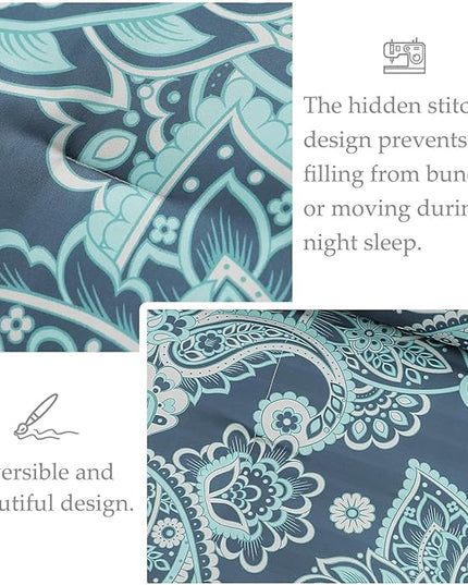 Whale Flotilla King Comforter Set, Soft Reversible Turquoise Bedding Comforter Set with Pailsey Pattern, 1 Micoriber Printed Comforter and 2 Pillow Shams, 3 Pieces - LeafyLoom