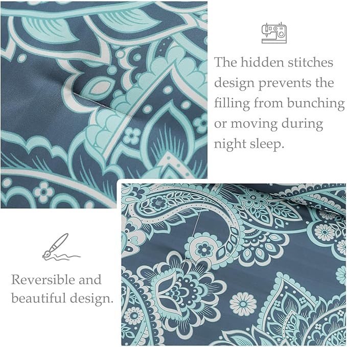 Whale Flotilla Queen Full Comforter Set, Soft Reversible Turquoise Bedding Comforter Set with Pailsey Pattern, 1 Micoriber Printed Comforter and 2 Pillow Shams, 3 Pieces - LeafyLoom