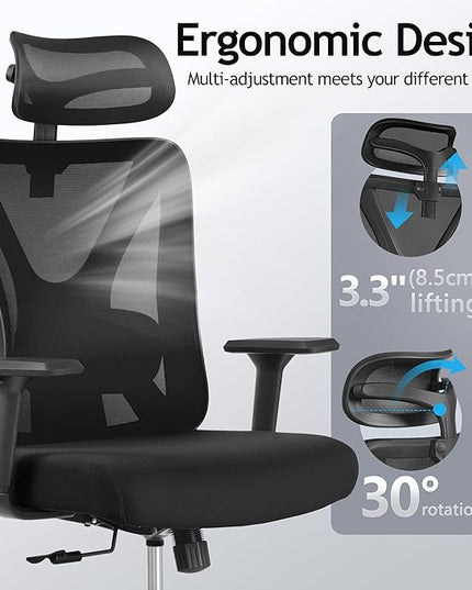 KERDOM Ergonomic Office Chair Desk Chair Comfortable Mesh Gaming Computer Swivel Rolling Chair, High Back Office Chair with Wheels, Headrest, 3D Armrest and Lumbar Support Home Office Desk Chair Black - LeafyLoom